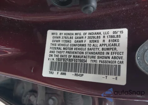 2015 Honda Civic Ex from USA, damaged, VIN 19XFB2F80FE076654